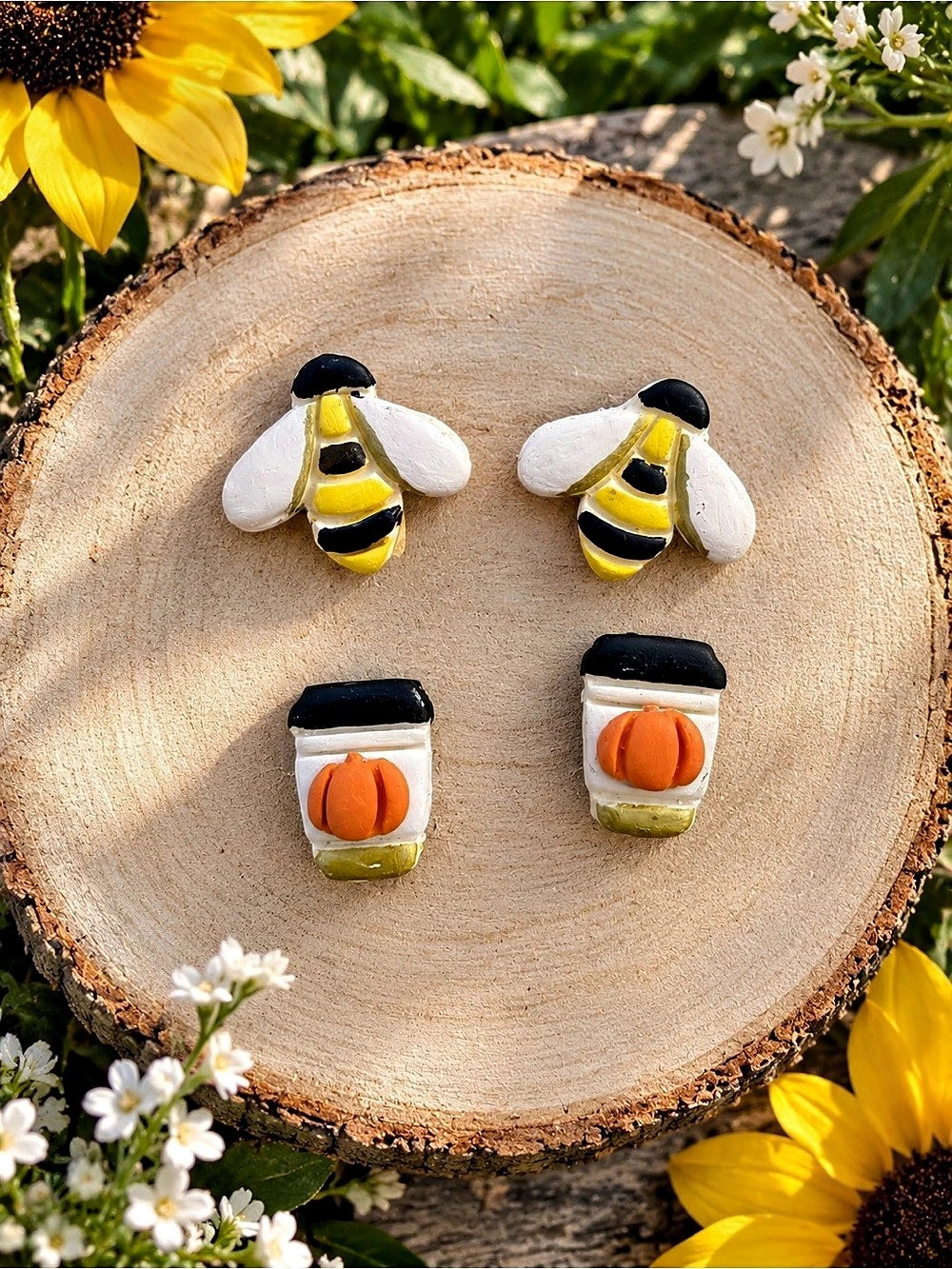 Bee & Pumpkin Handmade Polymer Clay Earrings Yellow & White